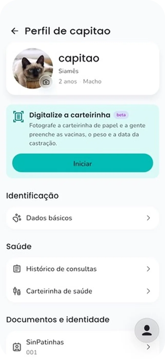 Tela do perfil do pet no app Yolki, com o botão para digitalizar a carteirinha