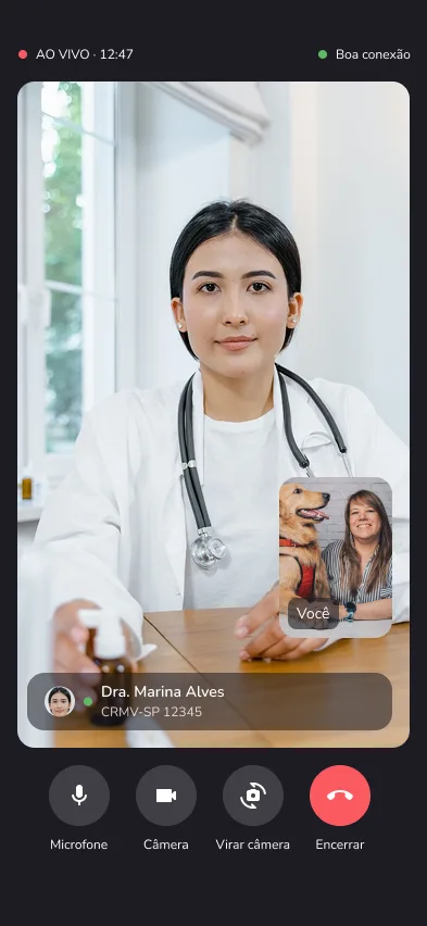 Consulta por vídeo com uma veterinária no app Yolki, com os botões de microfone, câmera e encerrar