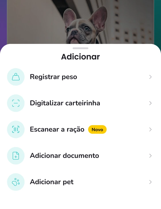 Folha «Adicionar» do app Yolki, com as opções «Registrar peso», «Digitalizar carteirinha», «Escanear a ração», «Adicionar documento» e «Adicionar pet».