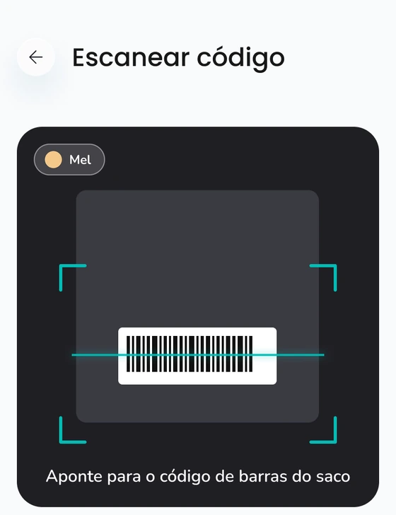Tela «Escanear código» do app Yolki, com a câmera apontada para o código de barras de um saco de ração.