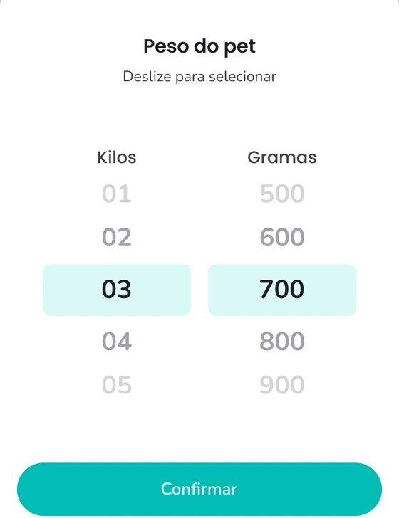 Tela «Peso do pet» do app Yolki, com o seletor de quilos e gramas e o botão «Confirmar».